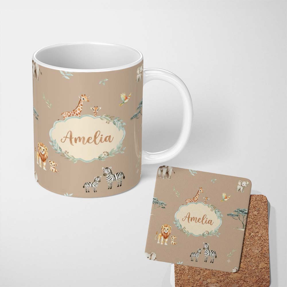 Personalized Custom Name Cute Safari Animals Giraffe Lion Zebra on Beige Background Seamless 11oz Ceramic Coffee Tea Mug White Large Handle