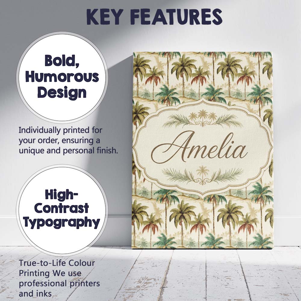 Personalised Name Soft Tropical Palm Custom Premium Decorative Design Modern Room Accent Canvas Wall Art Print Decor Picture Ready to Hang