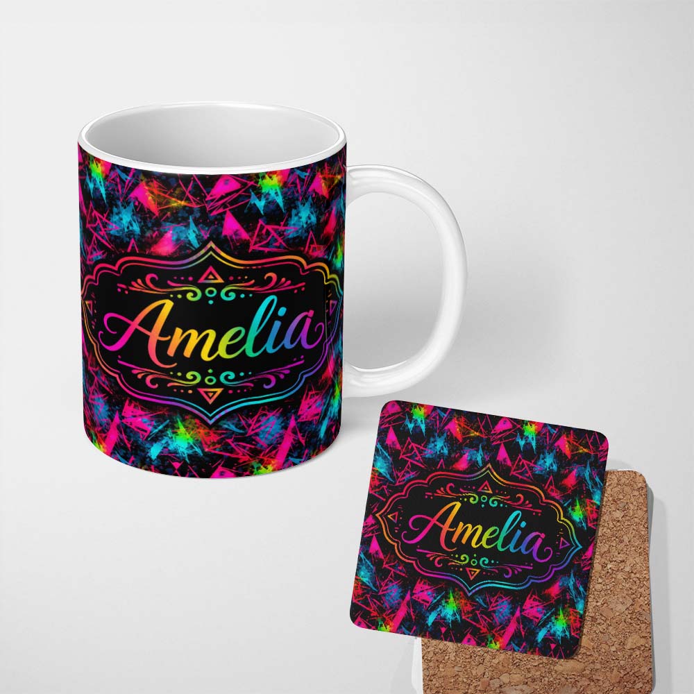 Personalized Custom Name Colorful Neon Triangle Graffiti Abstract Seamless Pattern Lovely 11oz Ceramic Coffee Tea Mug White Large Handle