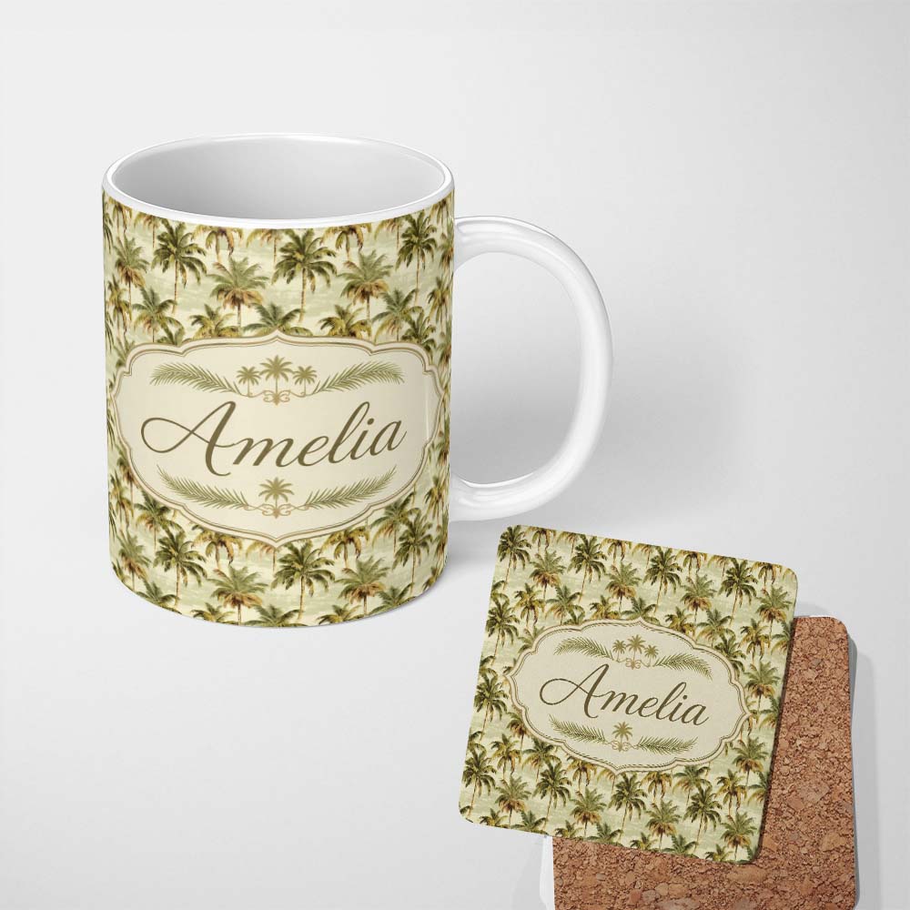 Personalized Custom Name Muted Green Palm Tree Tropical Vintage Seamless Pattern Name Cute 11oz Ceramic Coffee Tea Mug White Large Handle