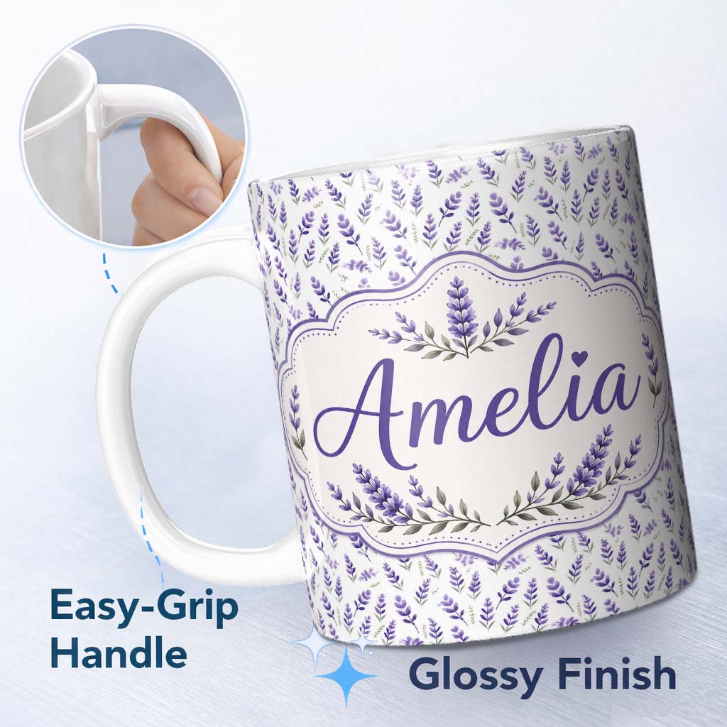 Personalized Custom Name Subtle Lavender Botanical Scatter Pattern in Gentle Pastel Shades 11oz Ceramic Coffee Tea Mug White Large Handle