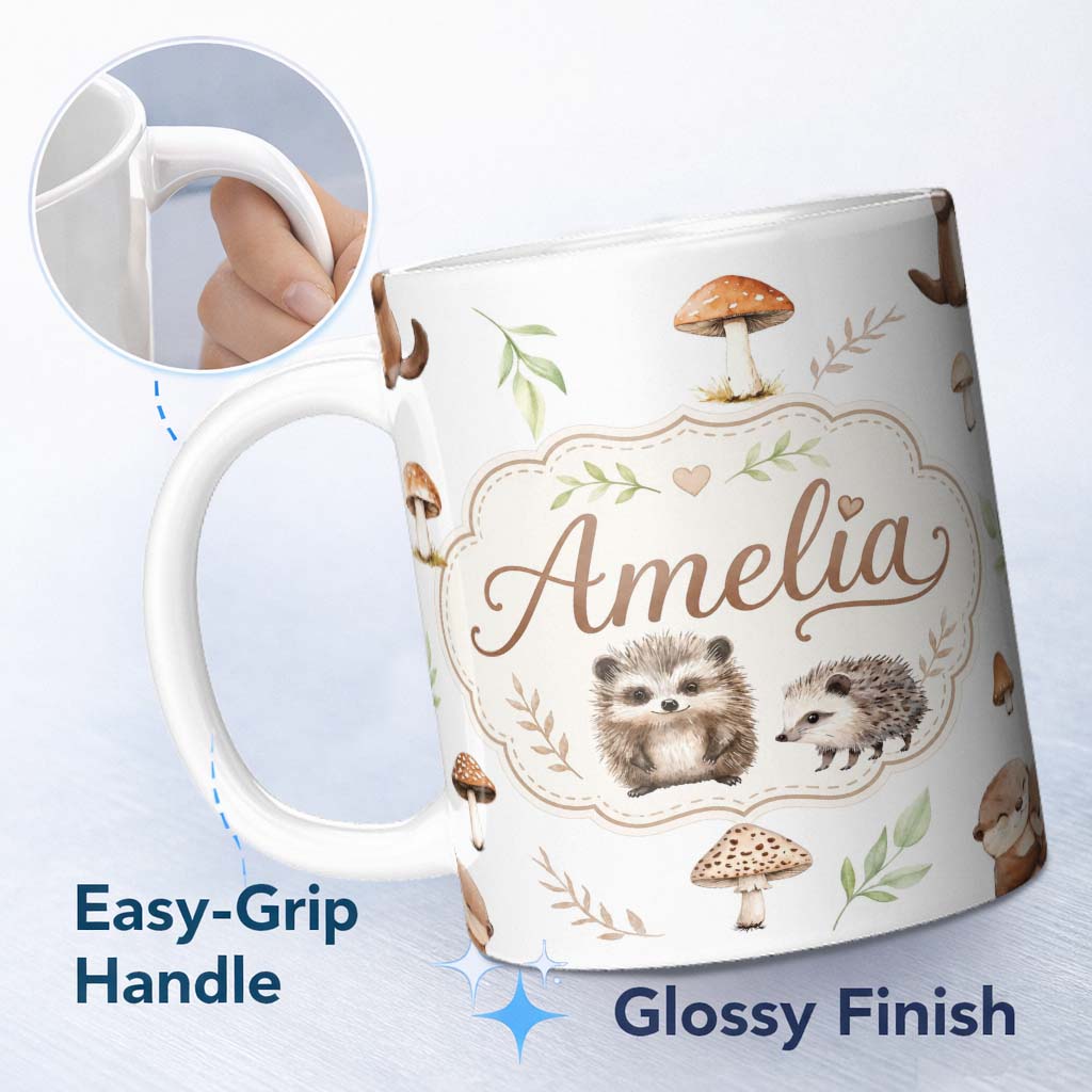 Personalized Custom Name Cute Woodland Hedgehogs with Mushrooms Leaves White Background 11oz Ceramic Coffee Tea Mug White Large Handle