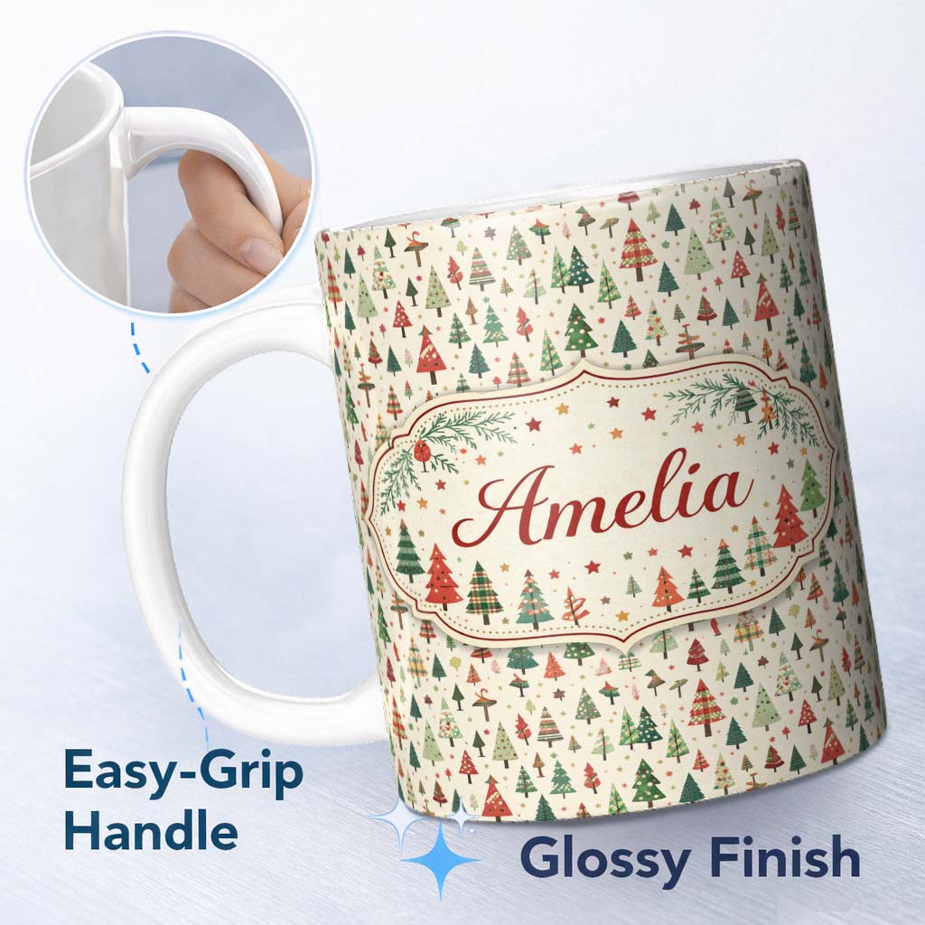Personalized Custom Name Minimal Christmas Tree Scandinavian Neutral Seamless Pattern Lovely 11oz Ceramic Coffee Tea Mug White Large Handle