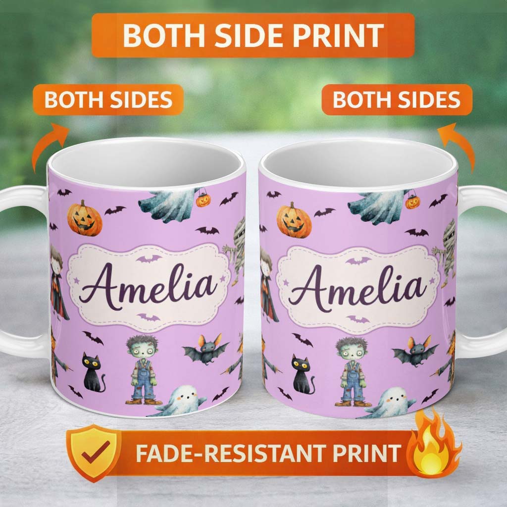 Personalized Custom Name Halloween Zombie Mummy Vampire Characters Purple Background Lovely 11oz Ceramic Coffee Tea Mug White Large Handle
