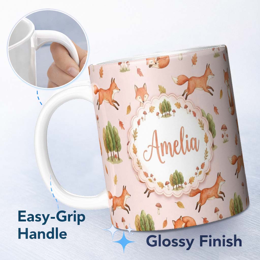 Personalized Custom Name Woodland Fox with Trees Leaves Mushrooms Soft Blush Seamless 11oz Ceramic Coffee Tea Mug White Large Handle