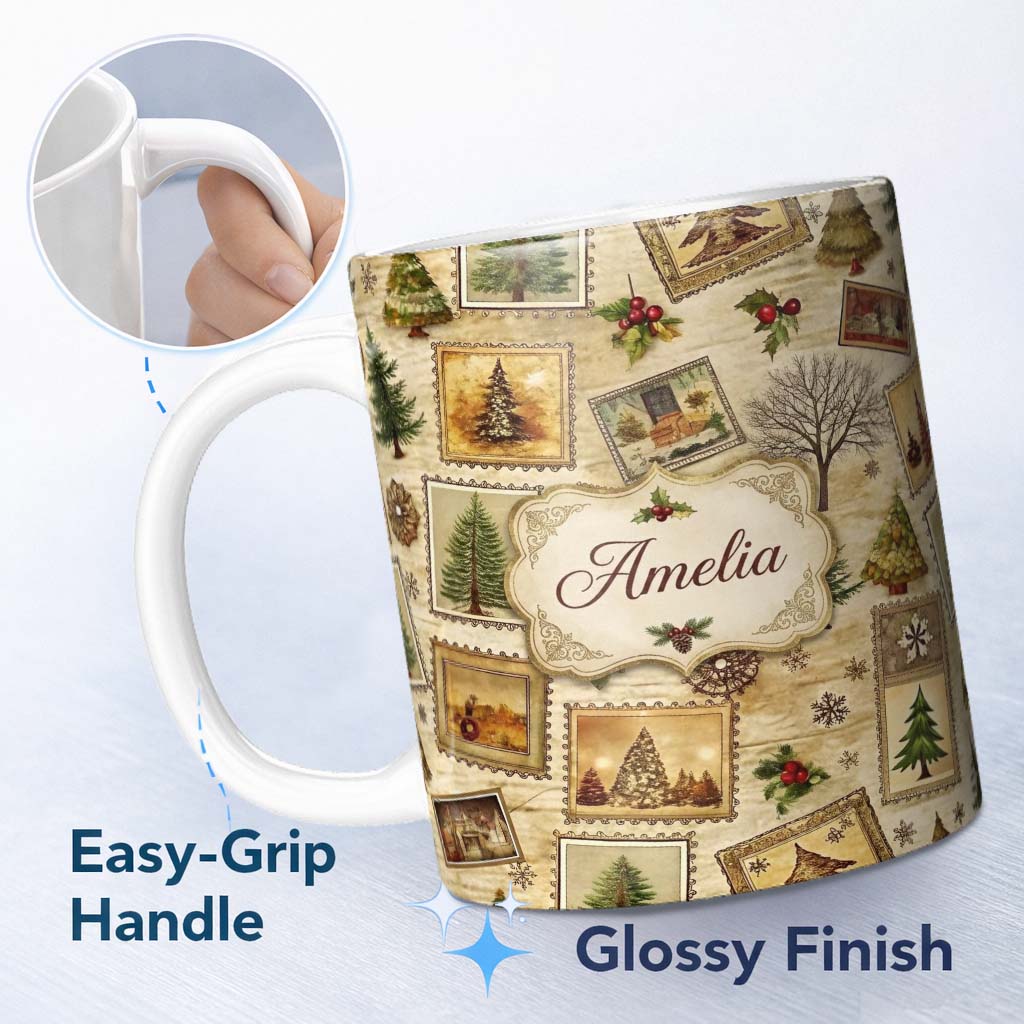 Personalized Custom Name Vintage Framed Winter Landscapes Christmas Trees and Rustic Holiday 11oz Ceramic Coffee Tea Mug White Large Handle