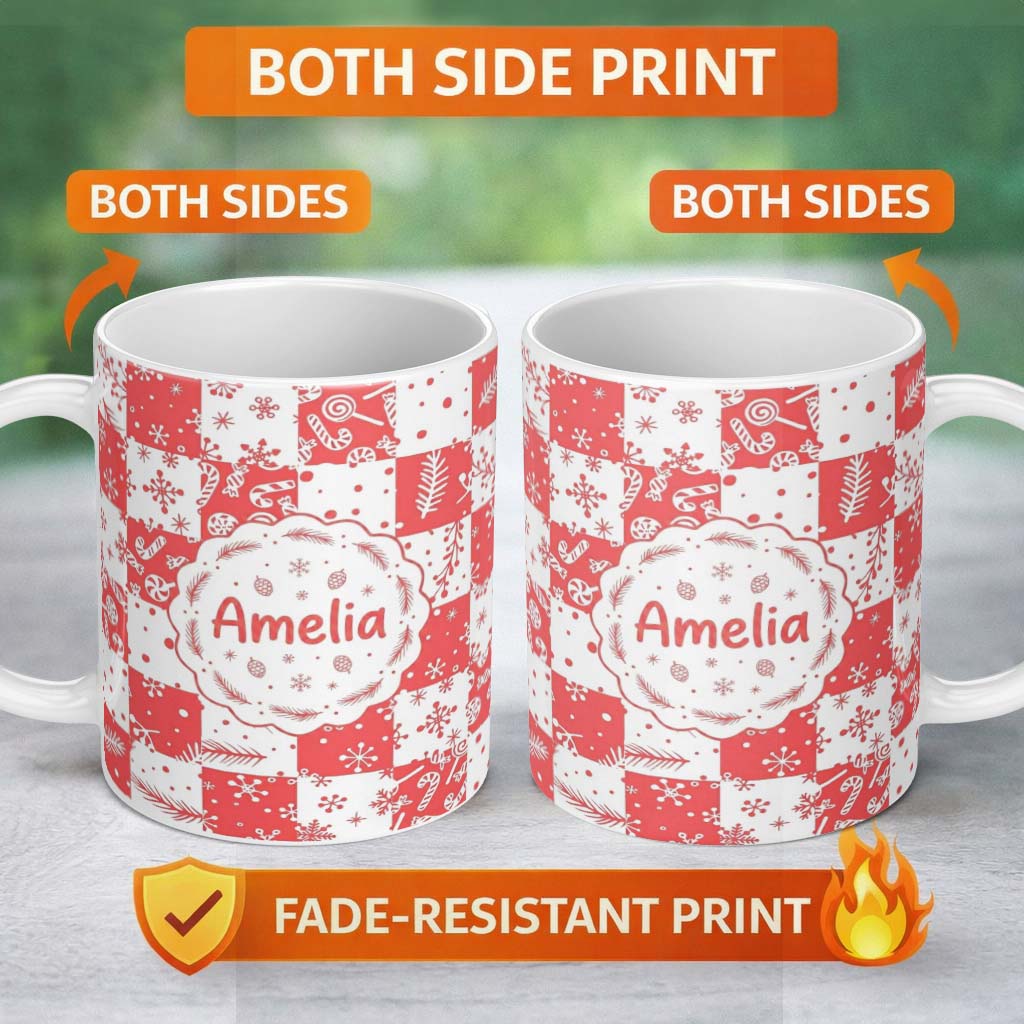 Personalized Custom Name Festive Candy Cane Snowflake Checkerboard Christmas Seamless Pattern 11oz Ceramic Coffee Tea Mug White Large Handle