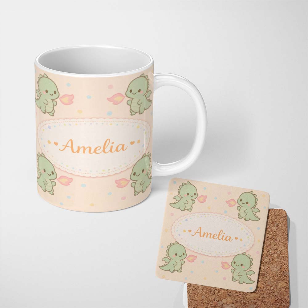 Personalized Custom Name Cute Baby Dinosaur Cartoon Animal Pattern Thoughtful Gift Idea 11oz Ceramic Coffee Tea Mug White Large Handle