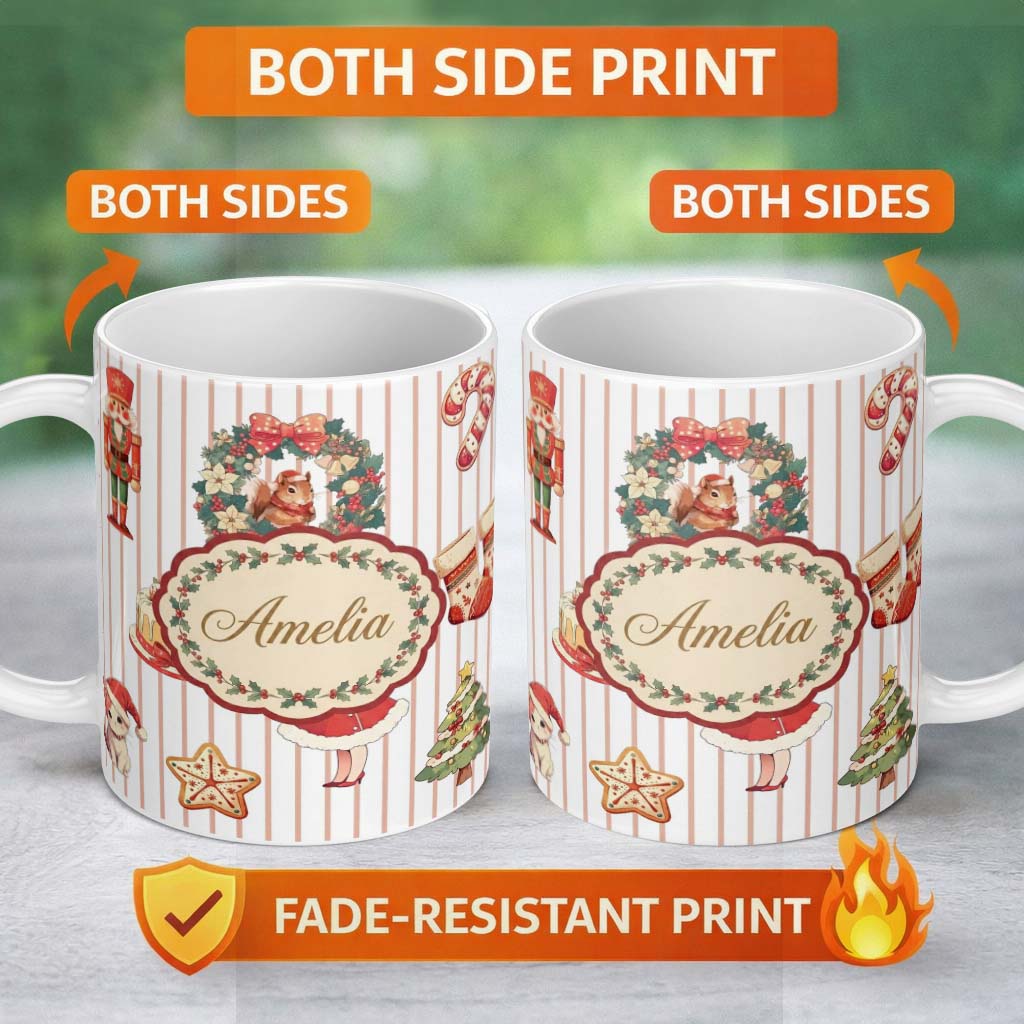 Personalized Custom Name Christmas Nutcracker Squirrel Cake Candy Cane Girl Tree Beige Stripe 11oz Ceramic Coffee Tea Mug White Large Handle