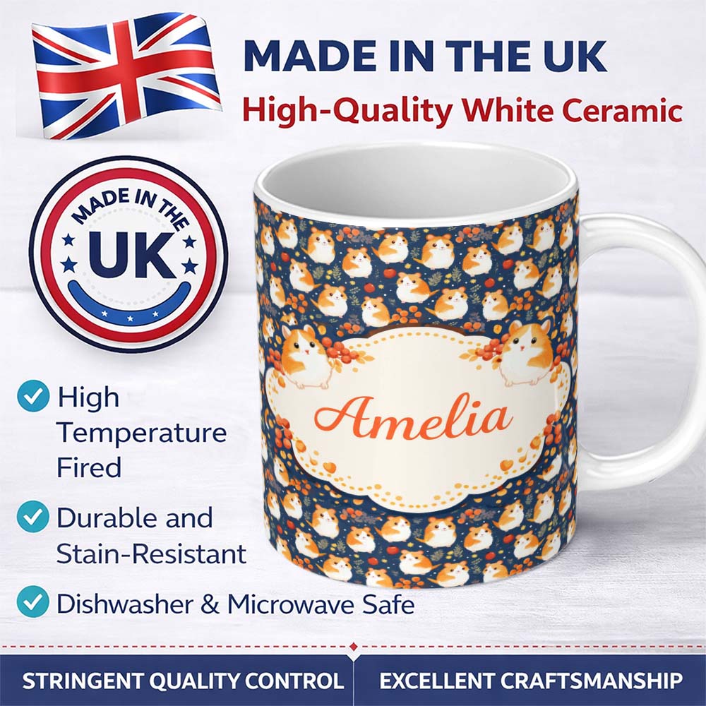 Personalized Custom Name Cute Hamster Floral Apple Garden Seamless Pattern Cute Unique Gift 11oz Ceramic Coffee Tea Mug White Large Handle