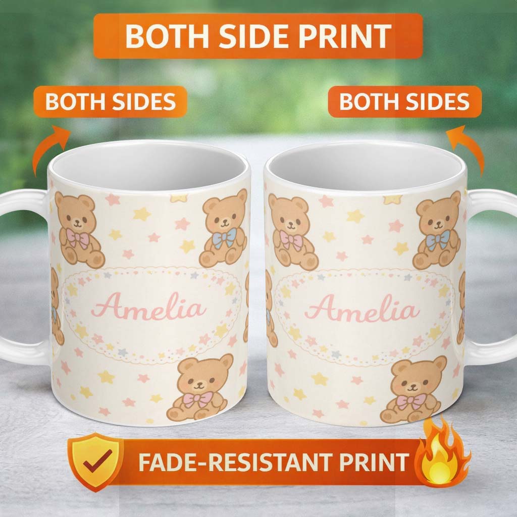 Personalized Custom Name Cute Teddy Bear Bow Cartoon Animal Pattern Beautiful Coffee Cup 11oz Ceramic Coffee Tea Mug White Large Handle