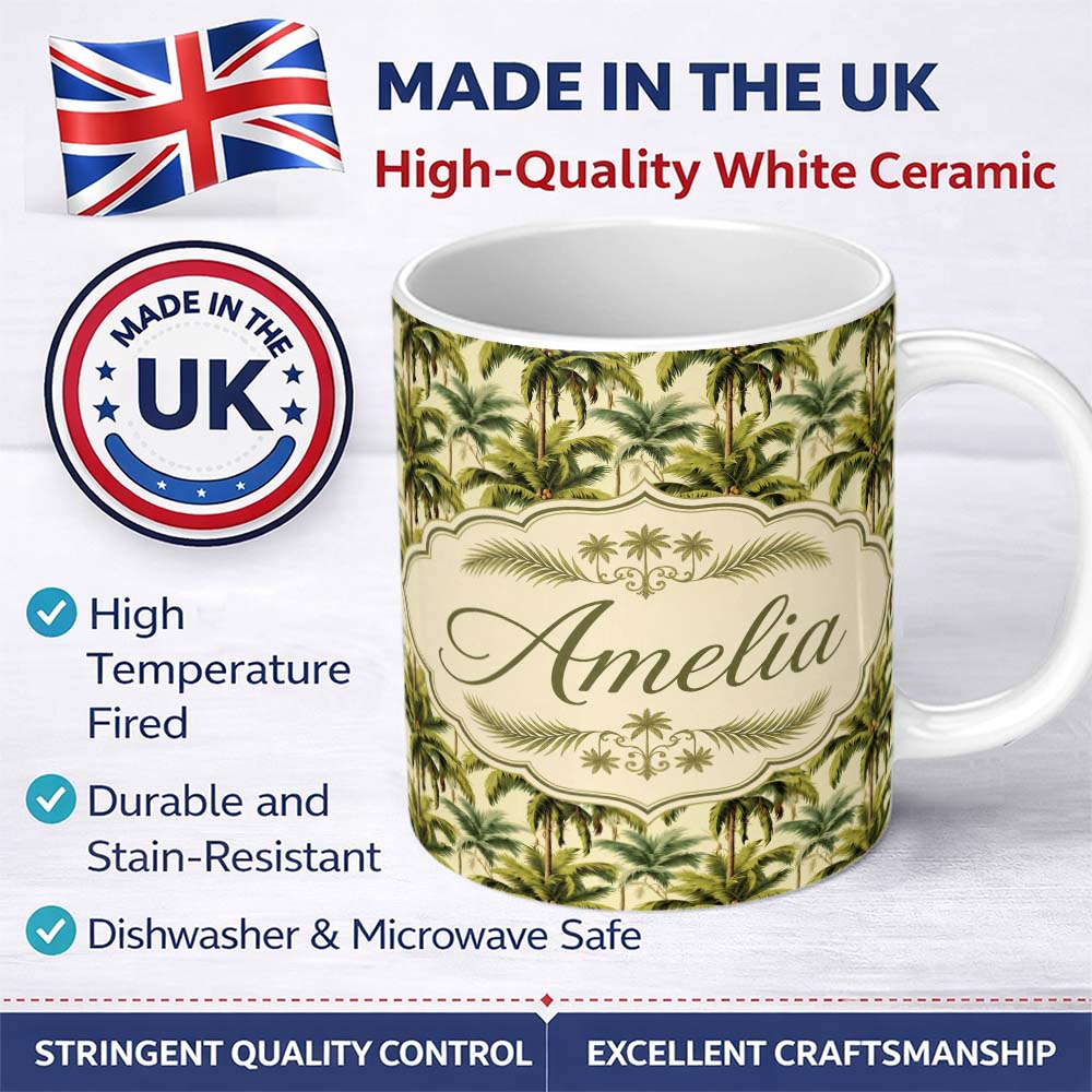 Personalized Custom Name Tropical Coconut Palm Tree Vintage Seamless Pattern Name Cute 11oz Ceramic Coffee Tea Mug White Large Handle