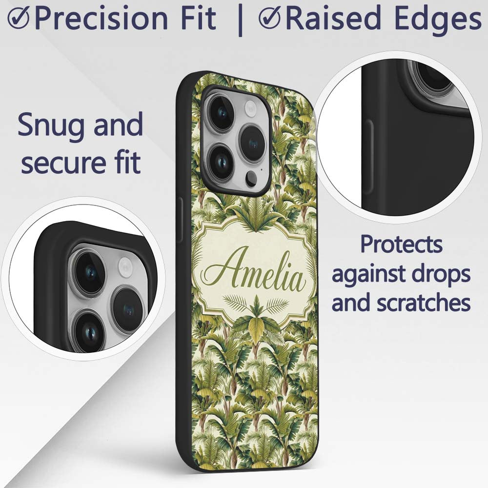 Dense Tropical Banana Leaf Jungle Printed Design Custom Name Protective Phone Case Mobile Cover Durable Everyday Smartphone Shock Resistant