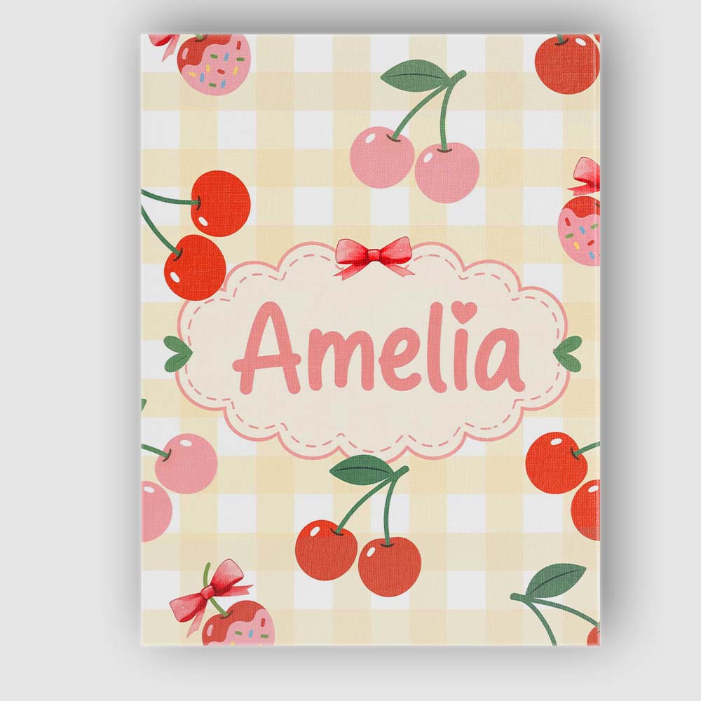 Personalised Name Cherry Fruit Soft Grey Background Minimal Seamless Custom Home Canvas Wall Art Print Decor Picture Ready to Hang