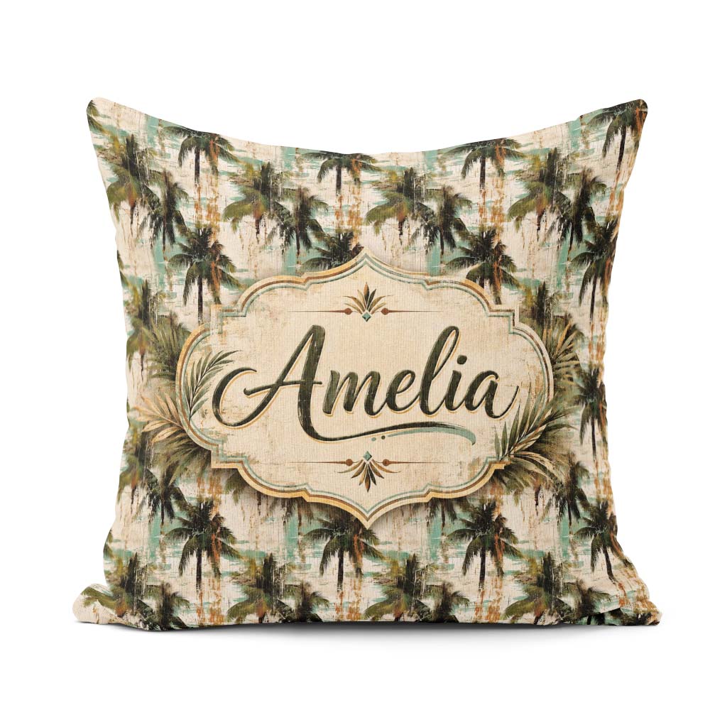Custom Name Grunge Coastal Palm Tree Artistic Seamless Name Cute Square Filled Cushion Throw Pillow Sofa Bed Home Decor Zip Washable UK Made