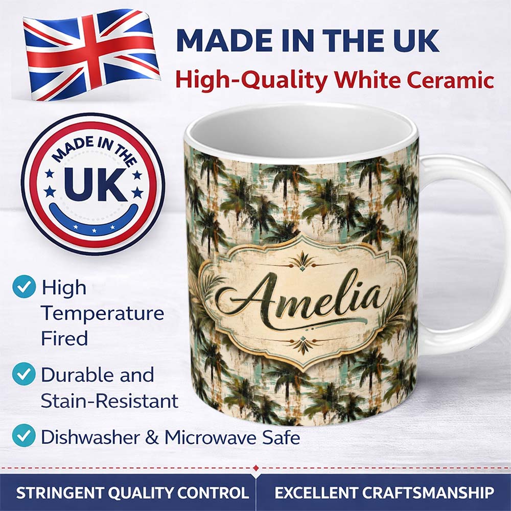 Personalized Custom Name Grunge Coastal Palm Tree Artistic Seamless Pattern Name Cute Unique 11oz Ceramic Coffee Tea Mug White Large Handle