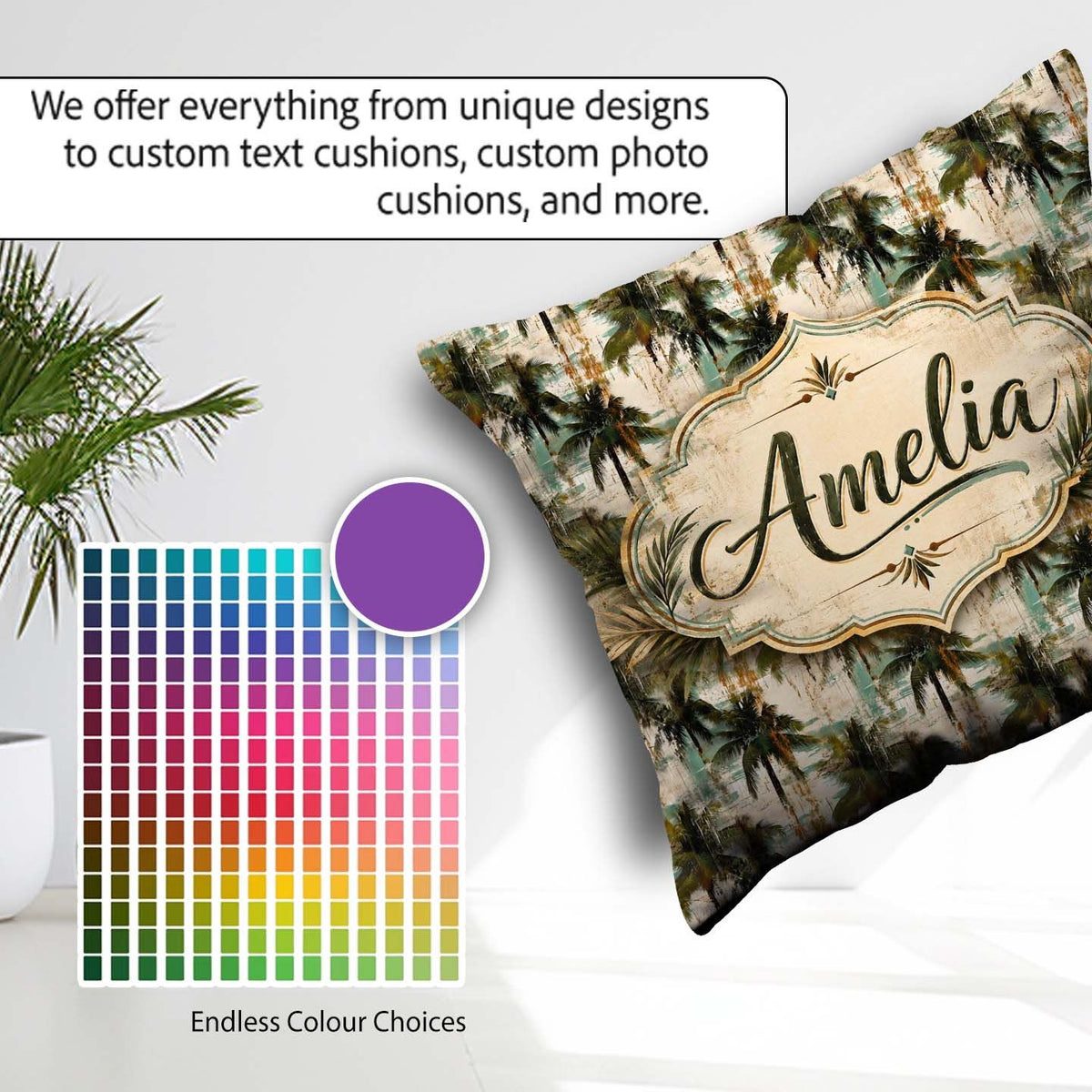 Custom Name Grunge Coastal Palm Tree Artistic Seamless Name Cute Square Filled Cushion Throw Pillow Sofa Bed Home Decor Zip Washable UK Made