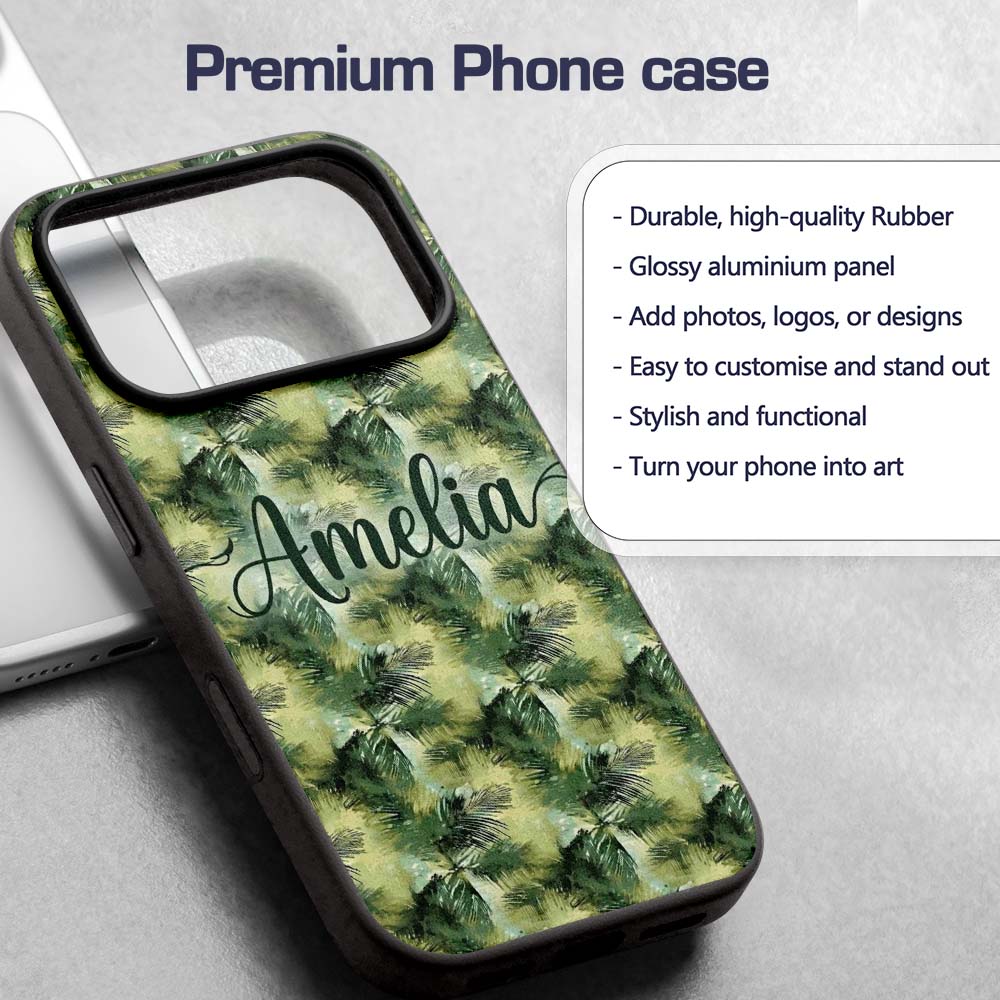 Watercolor Tropical Palm Leaf Abstract Seamless Custom Name Protective Phone Case Mobile Cover Durable Everyday Smartphone Shock Resistant