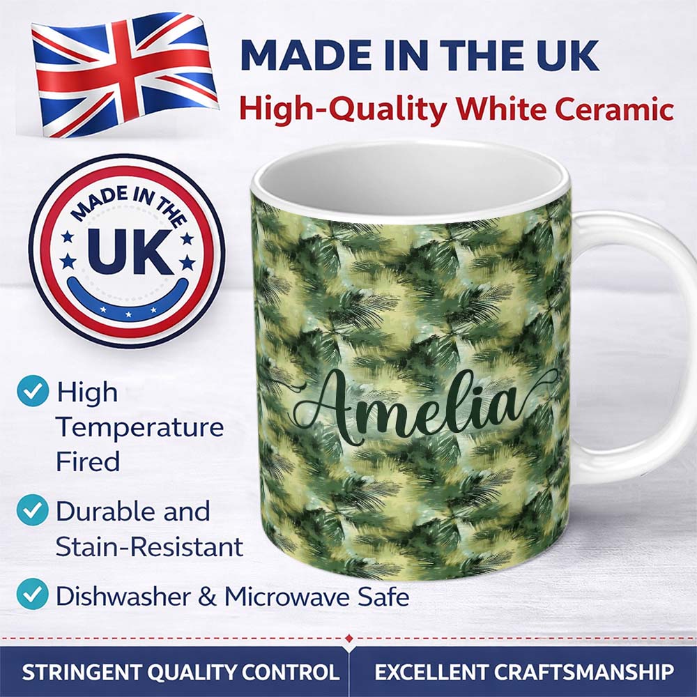 Personalized Custom Name Watercolor Tropical Palm Leaf Abstract Seamless Pattern Name Cute 11oz Ceramic Coffee Tea Mug White Large Handle