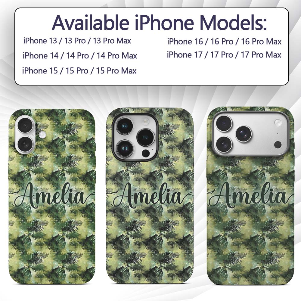 Watercolor Tropical Palm Leaf Abstract Seamless Custom Name Protective Phone Case Mobile Cover Durable Everyday Smartphone Shock Resistant