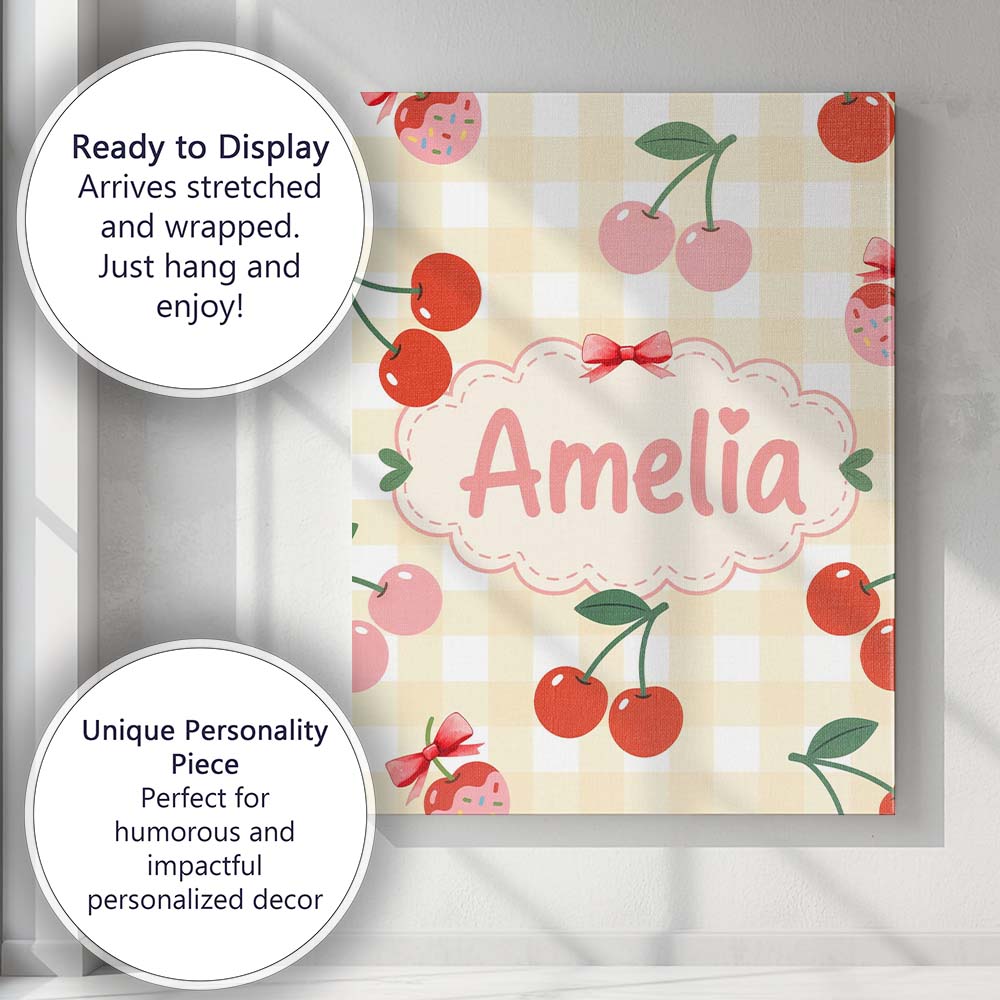 Personalised Name Cherry Fruit Soft Grey Background Minimal Seamless Custom Home Canvas Wall Art Print Decor Picture Ready to Hang