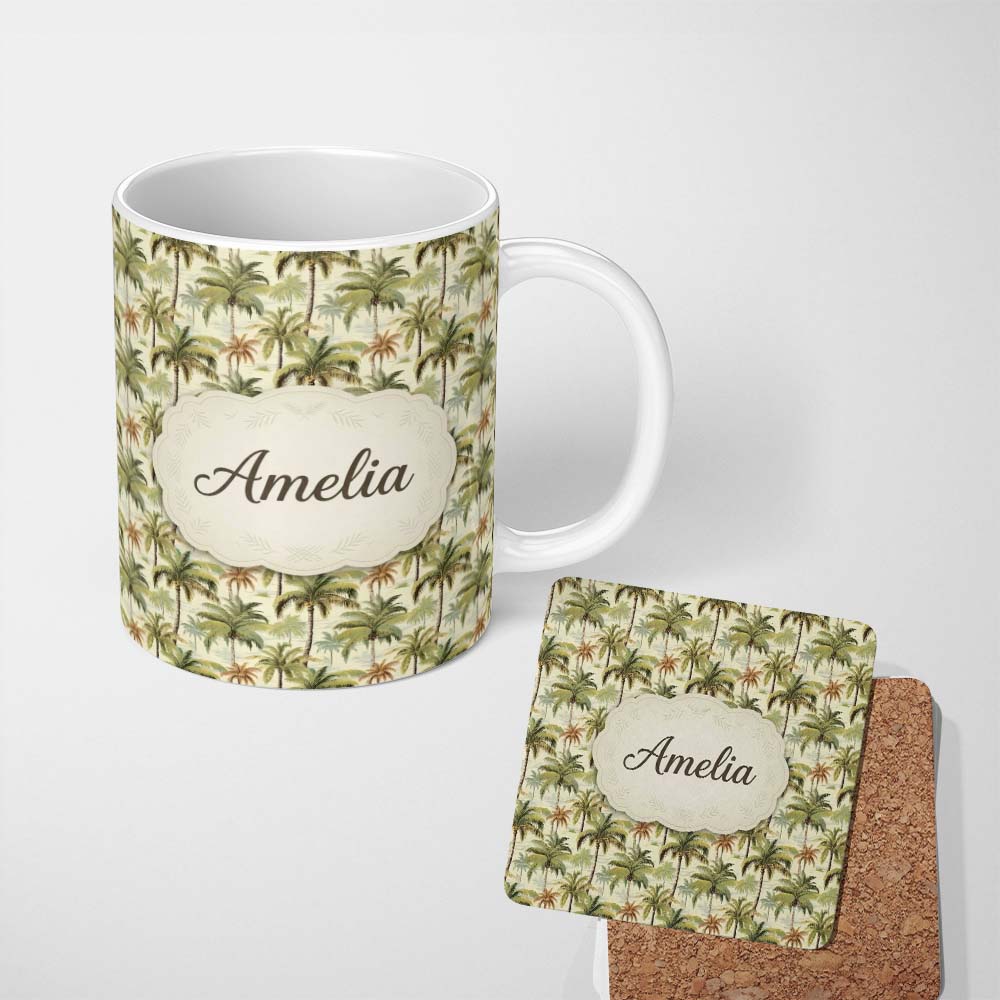 Personalized Custom Name Soft Coastal Palm Tree Landscape Seamless Pattern Name Cute Unique 11oz Ceramic Coffee Tea Mug White Large Handle