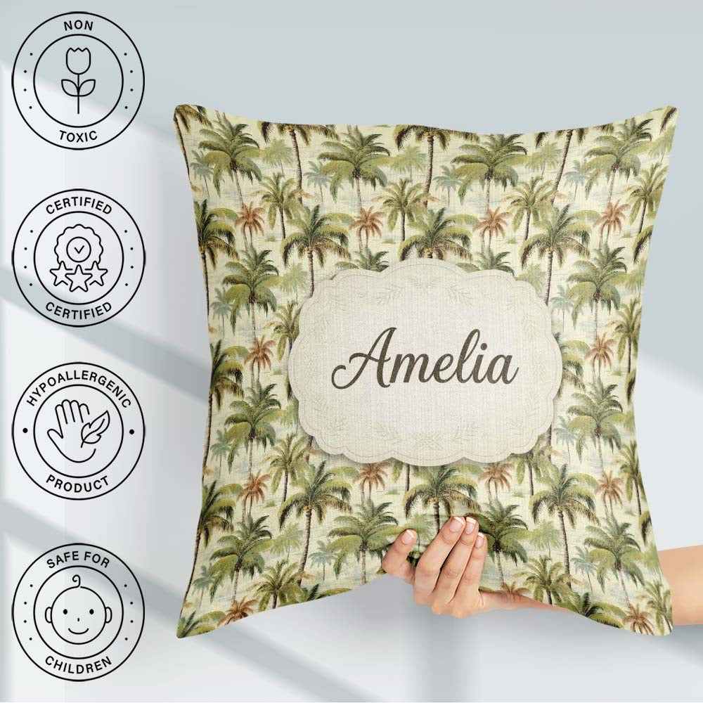 Custom Name Soft Coastal Palm Tree Landscape Seamless Name Cute Square Filled Cushion Throw Pillow Sofa Bed Home Decor Zip Washable UK Made