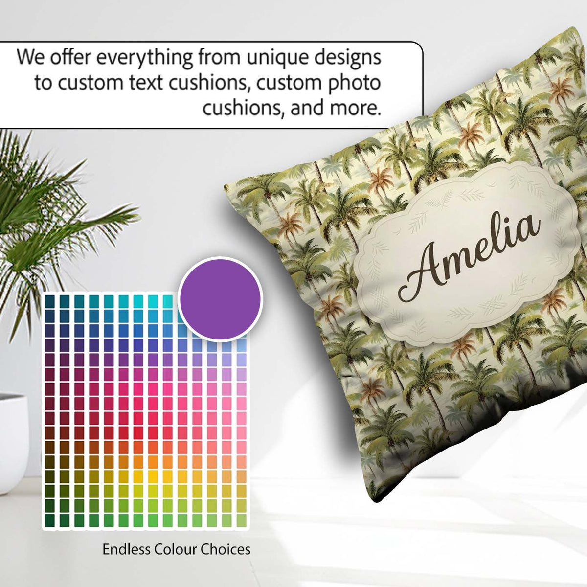 Custom Name Soft Coastal Palm Tree Landscape Seamless Name Cute Square Filled Cushion Throw Pillow Sofa Bed Home Decor Zip Washable UK Made