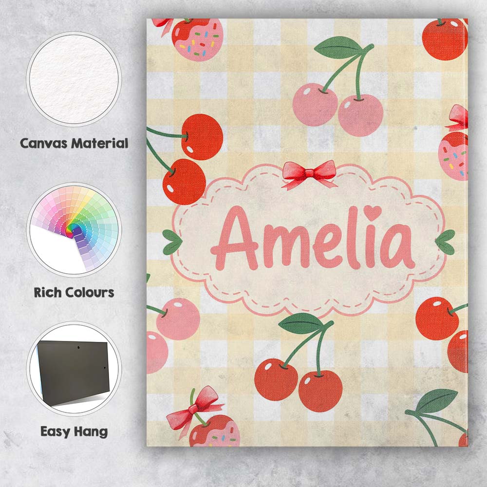 Personalised Name Cherry Fruit Soft Grey Background Minimal Seamless Custom Home Canvas Wall Art Print Decor Picture Ready to Hang