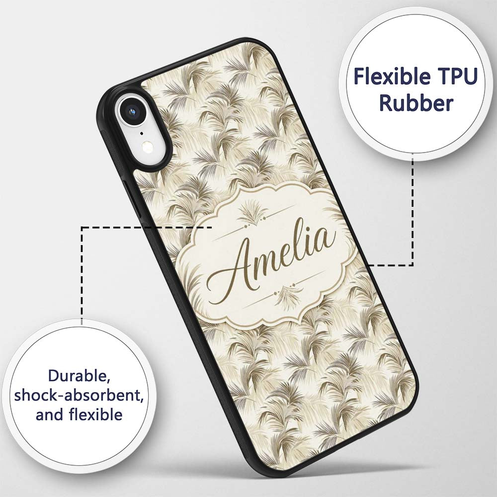 Neutral Beige Palm Leaf Botanical Printed Design Custom Name Protective Phone Case Mobile Cover Durable Everyday Smartphone Shock Resistant