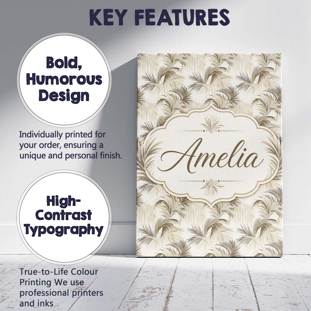 Personalised Name Neutral Beige Palm Leaf Custom Unique Gift Idea Elegant Feature Canvas Wall Art Print Decor Picture Ready to Hang
