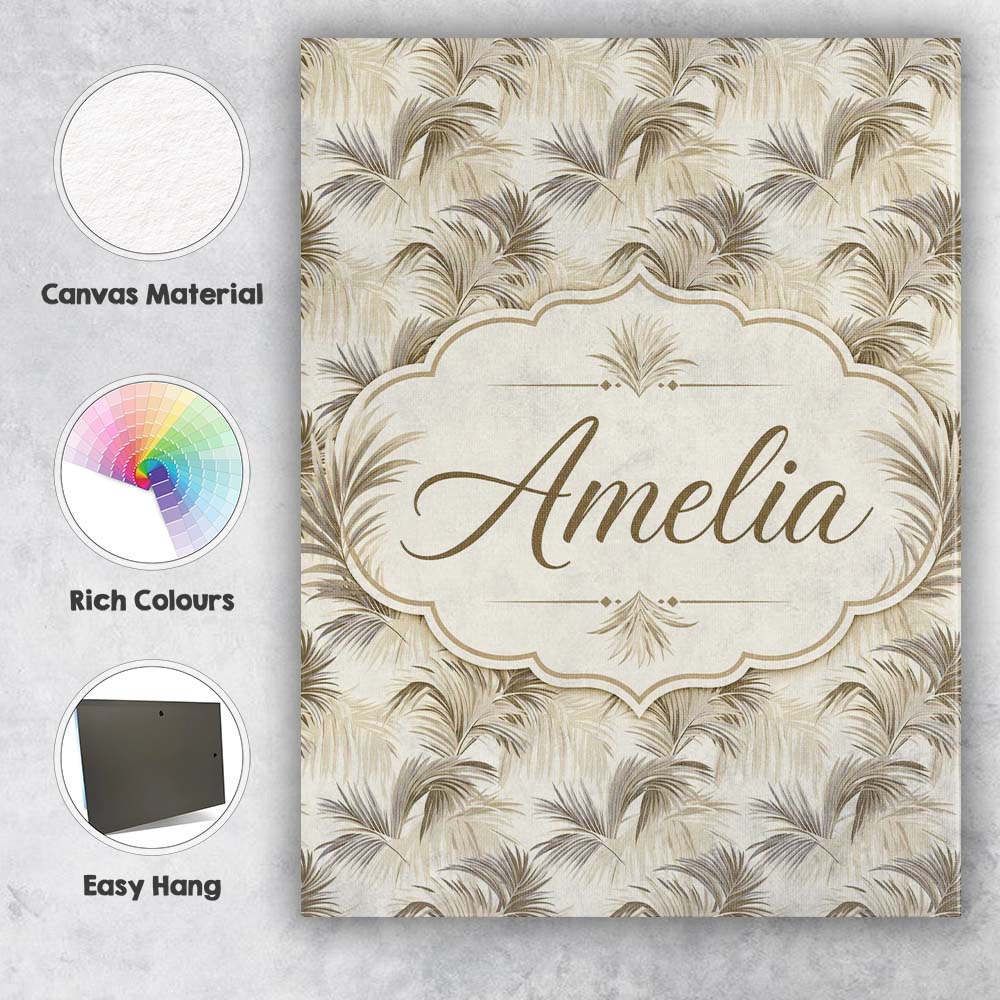 Personalised Name Neutral Beige Palm Leaf Custom Unique Gift Idea Elegant Feature Canvas Wall Art Print Decor Picture Ready to Hang