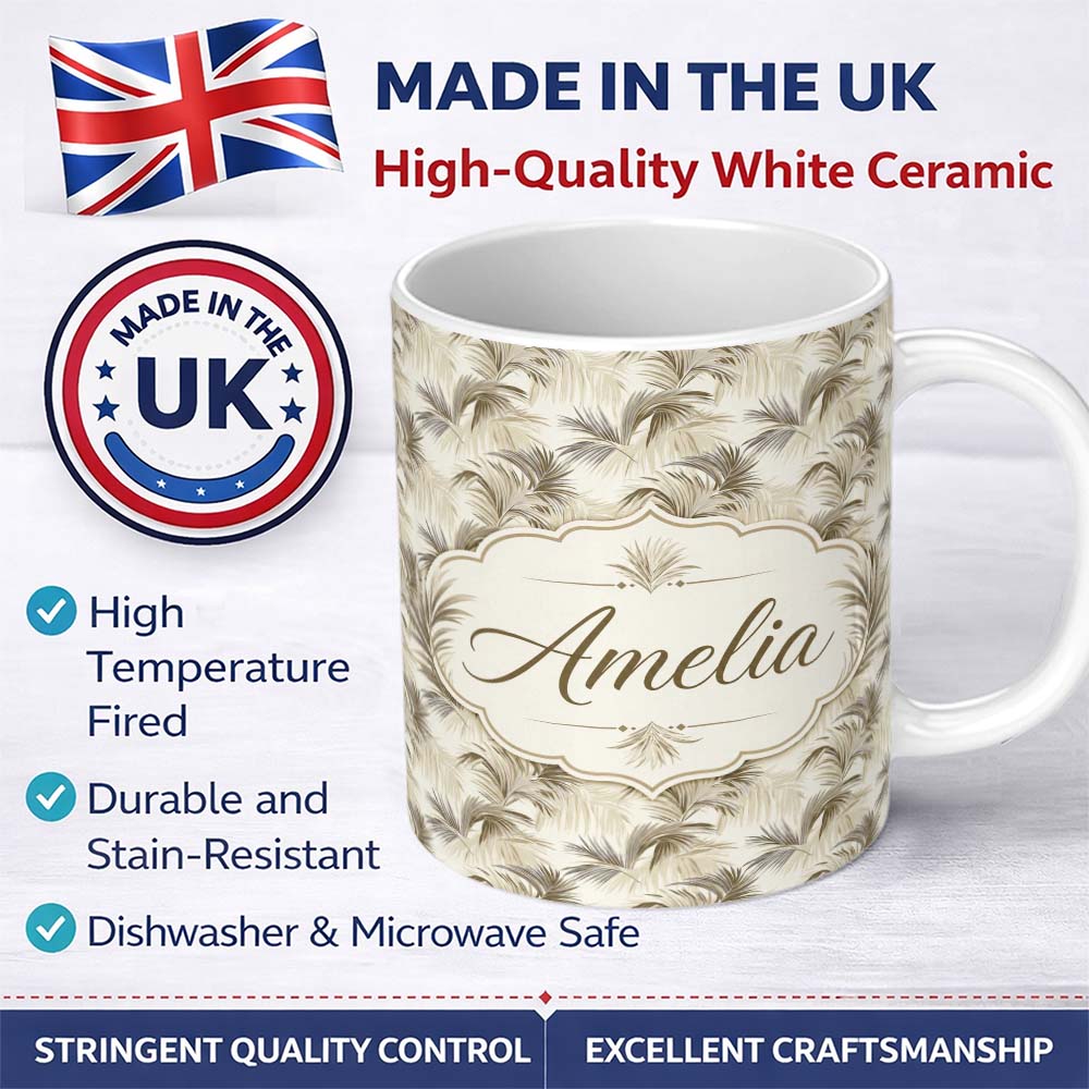 Personalized Custom Name Neutral Beige Palm Leaf Botanical Seamless Pattern Name Cute Unique 11oz Ceramic Coffee Tea Mug White Large Handle