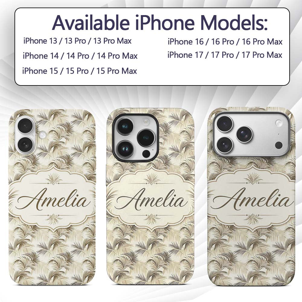 Neutral Beige Palm Leaf Botanical Printed Design Custom Name Protective Phone Case Mobile Cover Durable Everyday Smartphone Shock Resistant