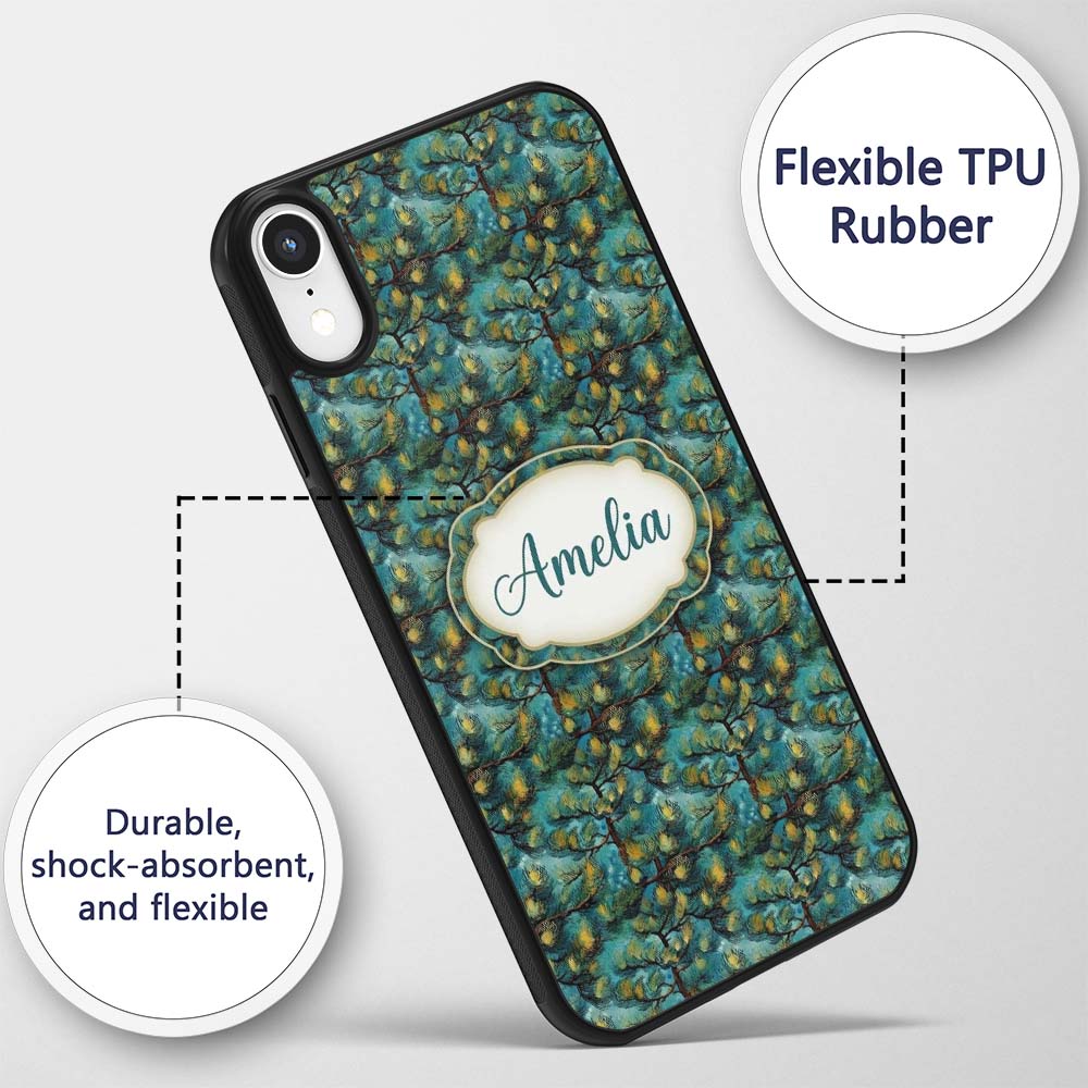 Teal Pine Branch Artistic Nature Seamless Pattern Custom Name Protective Phone Case Mobile Cover Durable Everyday Smartphone Shock Resistant
