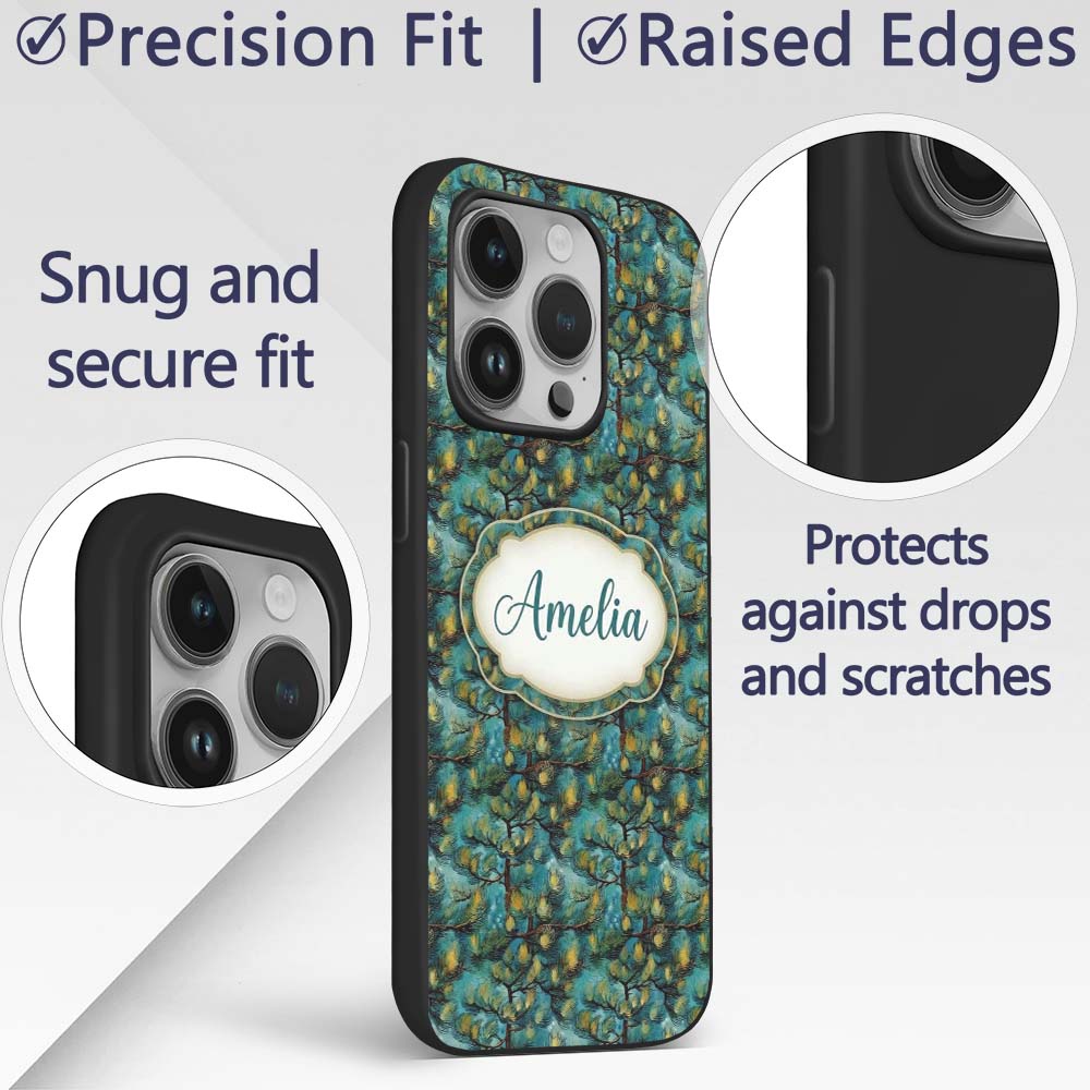 Teal Pine Branch Artistic Nature Seamless Pattern Custom Name Protective Phone Case Mobile Cover Durable Everyday Smartphone Shock Resistant