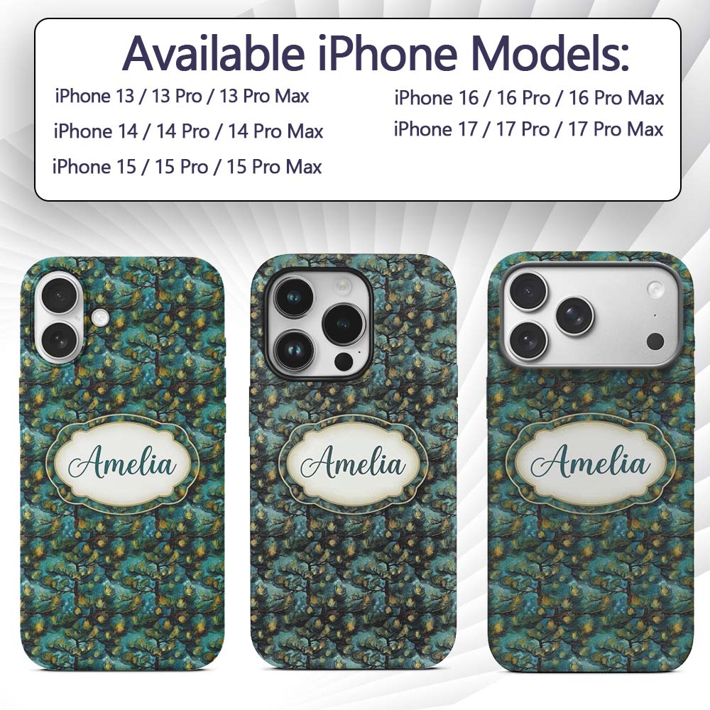 Teal Pine Branch Artistic Nature Seamless Pattern Custom Name Protective Phone Case Mobile Cover Durable Everyday Smartphone Shock Resistant