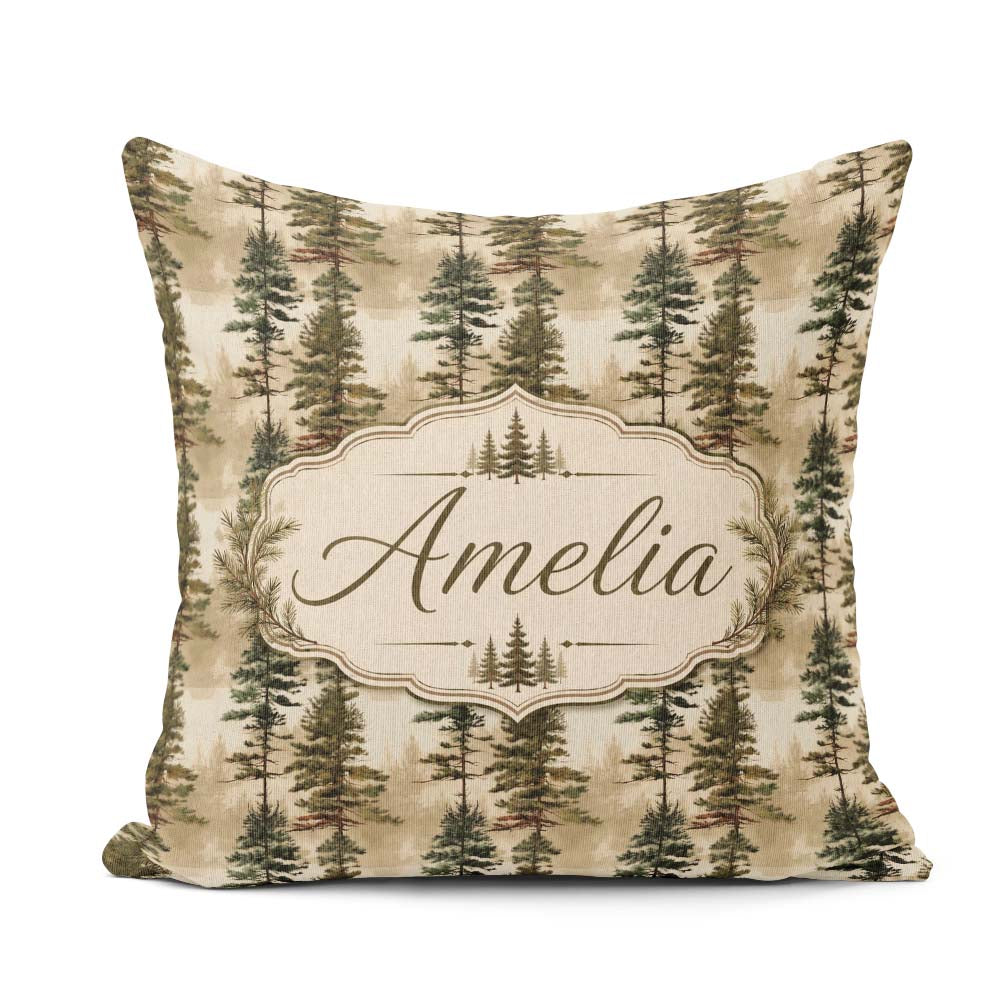 Custom Name Tall Evergreen Pine Trees Woodland Pattern Name Cute Square Filled Cushion Throw Pillow Sofa Bed Home Decor Zip Washable UK Made