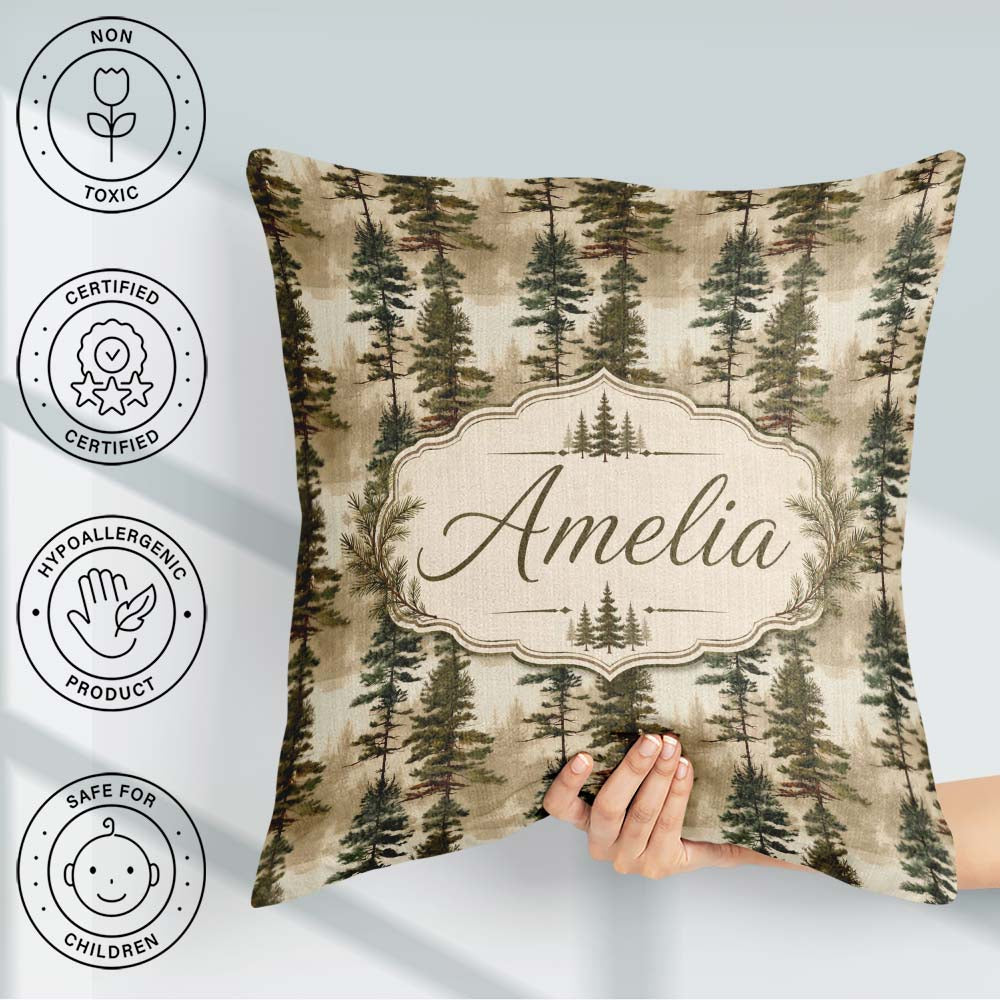 Custom Name Tall Evergreen Pine Trees Woodland Pattern Name Cute Square Filled Cushion Throw Pillow Sofa Bed Home Decor Zip Washable UK Made