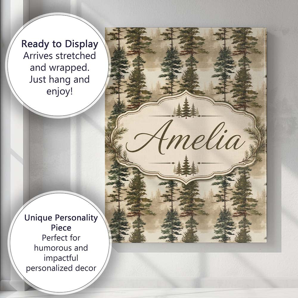 Personalised Name Tall Evergreen Pine Trees Custom Bespoke Interior Contemporary Canvas Wall Art Print Decor Picture Ready to Hang