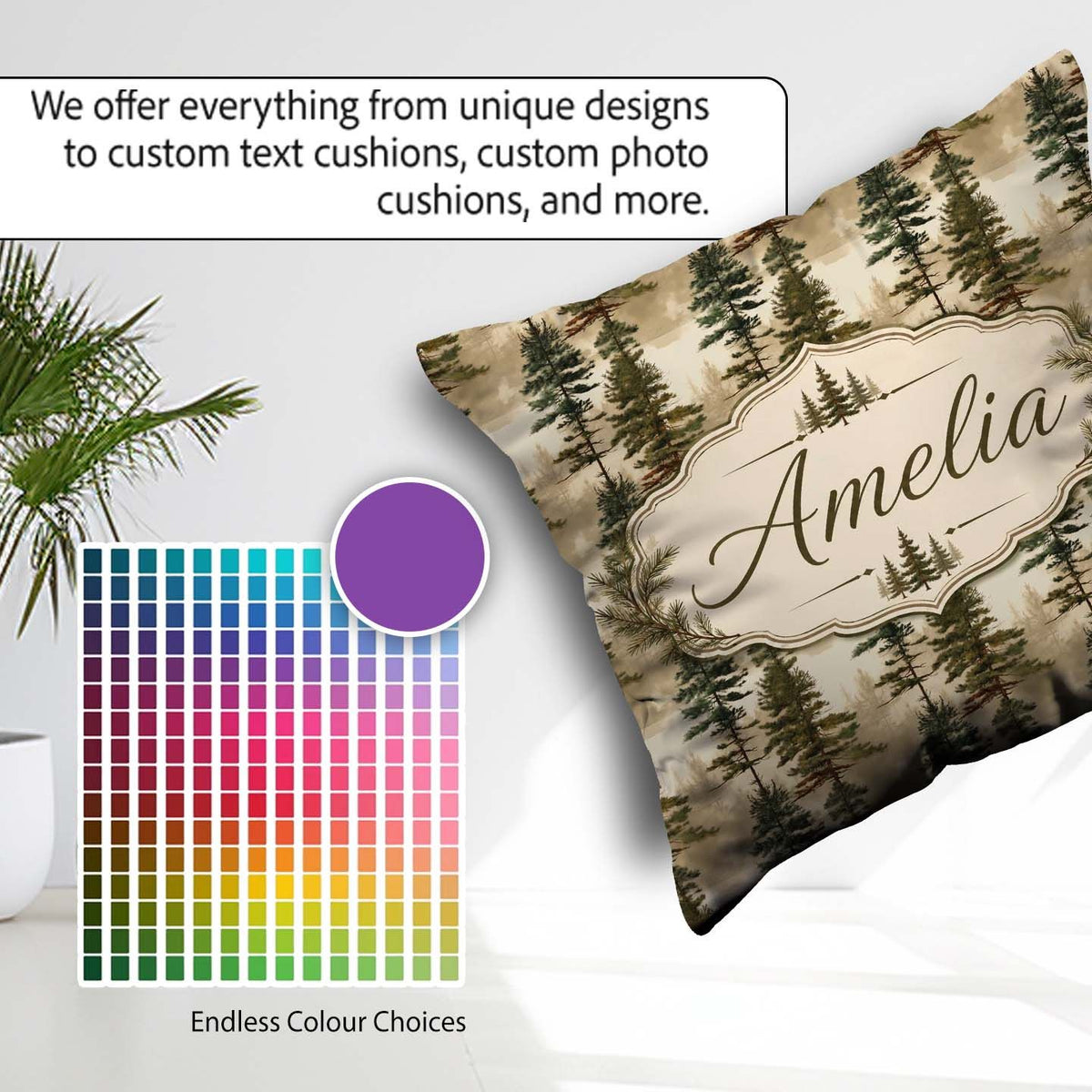 Custom Name Tall Evergreen Pine Trees Woodland Pattern Name Cute Square Filled Cushion Throw Pillow Sofa Bed Home Decor Zip Washable UK Made