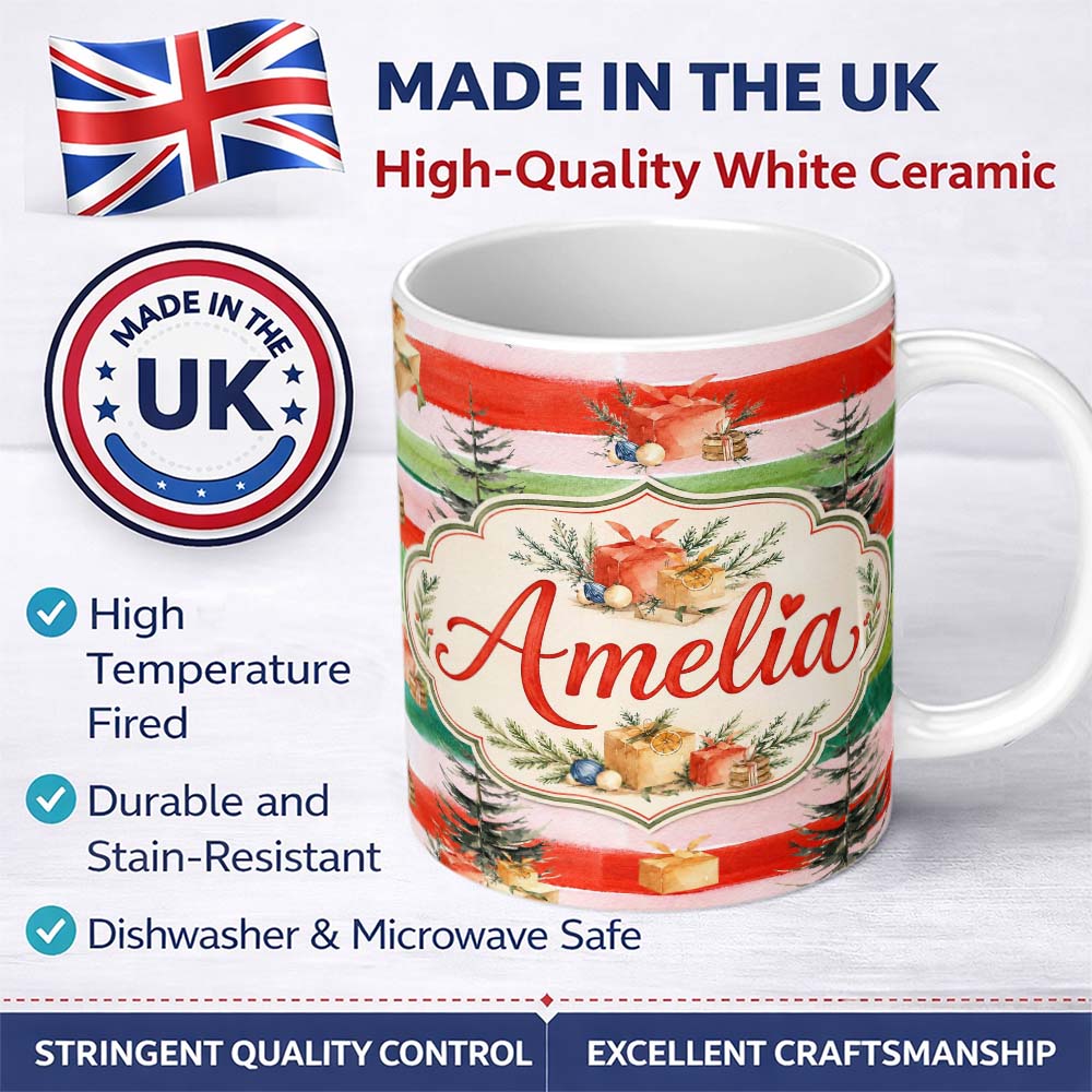 Personalized Custom Name Watercolor Christmas Gift Boxes Pine Trees Striped Holiday Seamless 11oz Ceramic Coffee Tea Mug White Large Handle