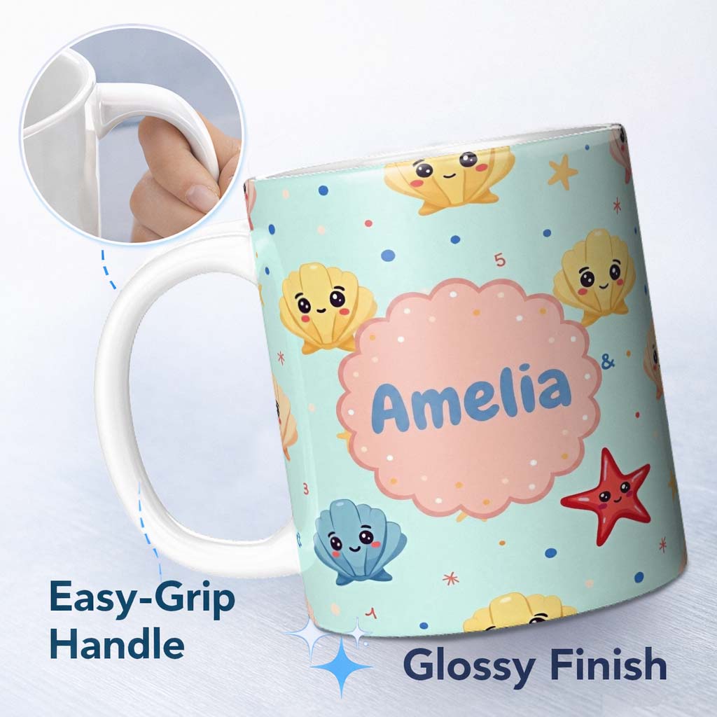 Personalized Custom Name Cute Kawaii Seashells Starfish Ocean Beach Fun Seamless Pattern 11oz Ceramic Coffee Tea Mug White Large Handle