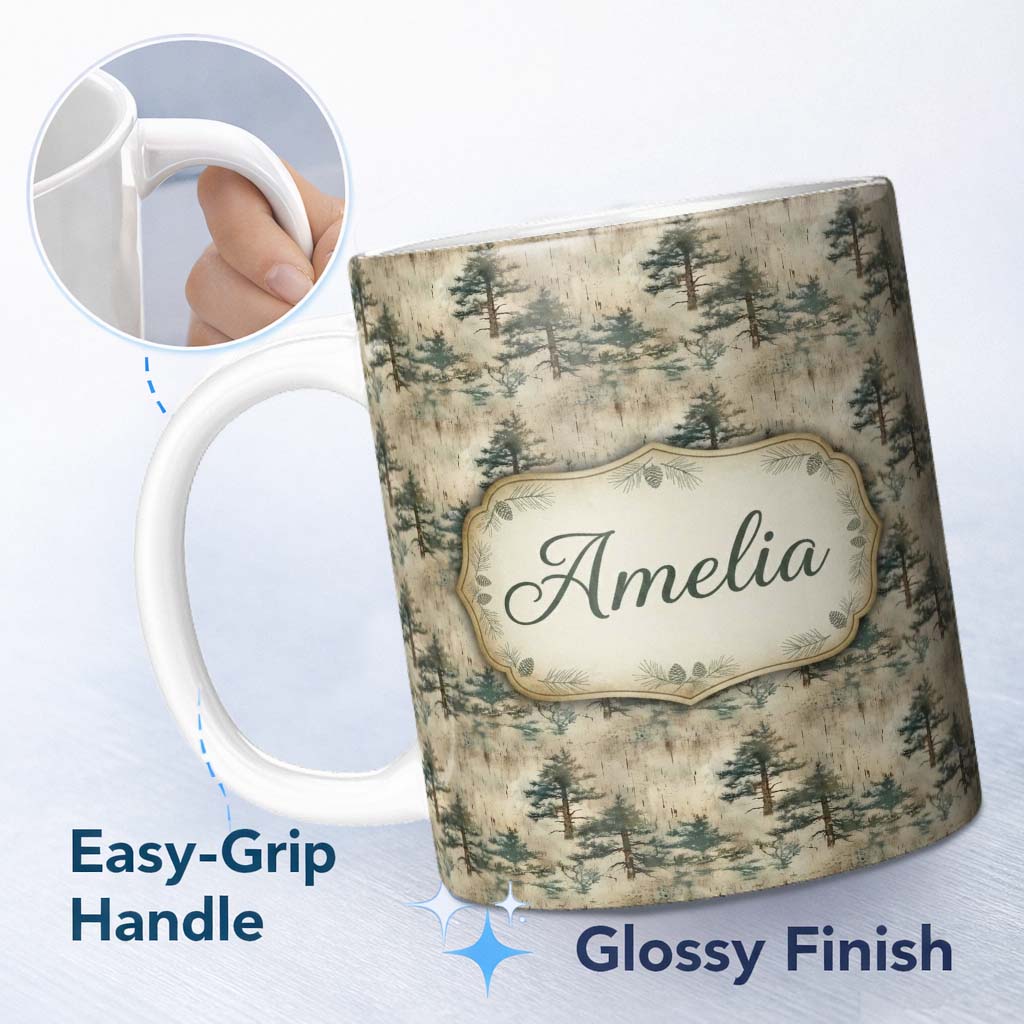 Personalized Custom Name Rustic Pine Tree Landscape Grunge Style Seamless Pattern Name Cute 11oz Ceramic Coffee Tea Mug White Large Handle