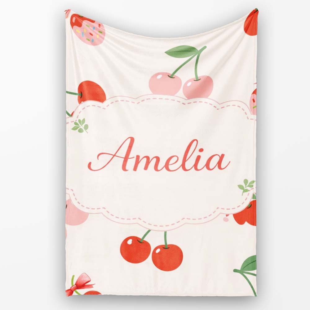 Cherry Fruit Light Lavender Background Minimal Seamless Pattern Personalised Custom Name Super Soft Fleece Blanket Bed Sofa Throw