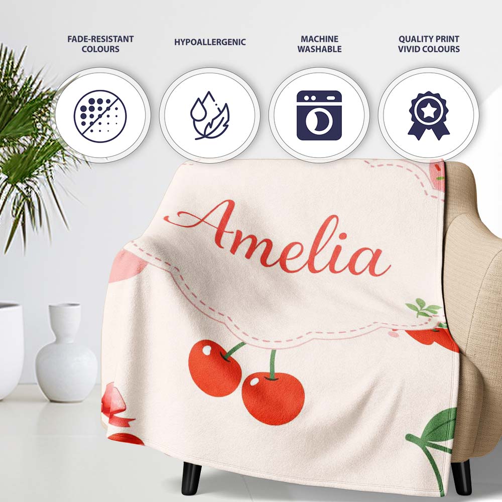 Cherry Fruit Light Lavender Background Minimal Seamless Pattern Personalised Custom Name Super Soft Fleece Blanket Bed Sofa Throw