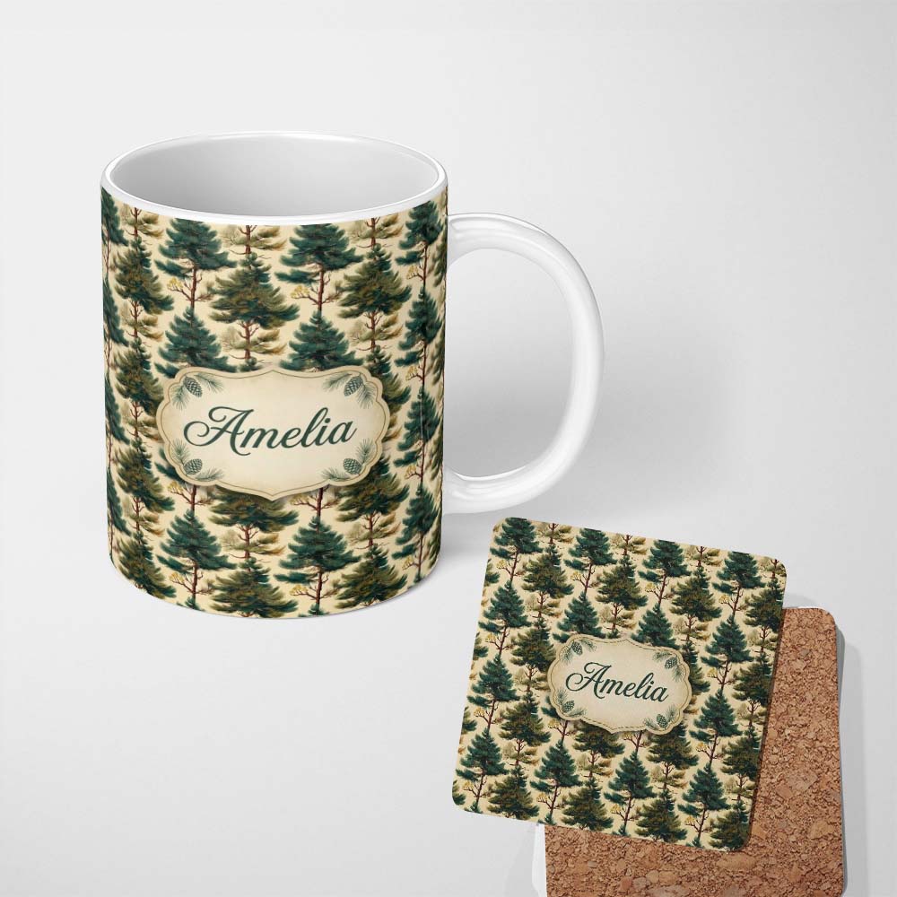 Personalized Custom Name Detailed Evergreen Pine Tree Nature Seamless Pattern Name Cute 11oz Ceramic Coffee Tea Mug White Large Handle