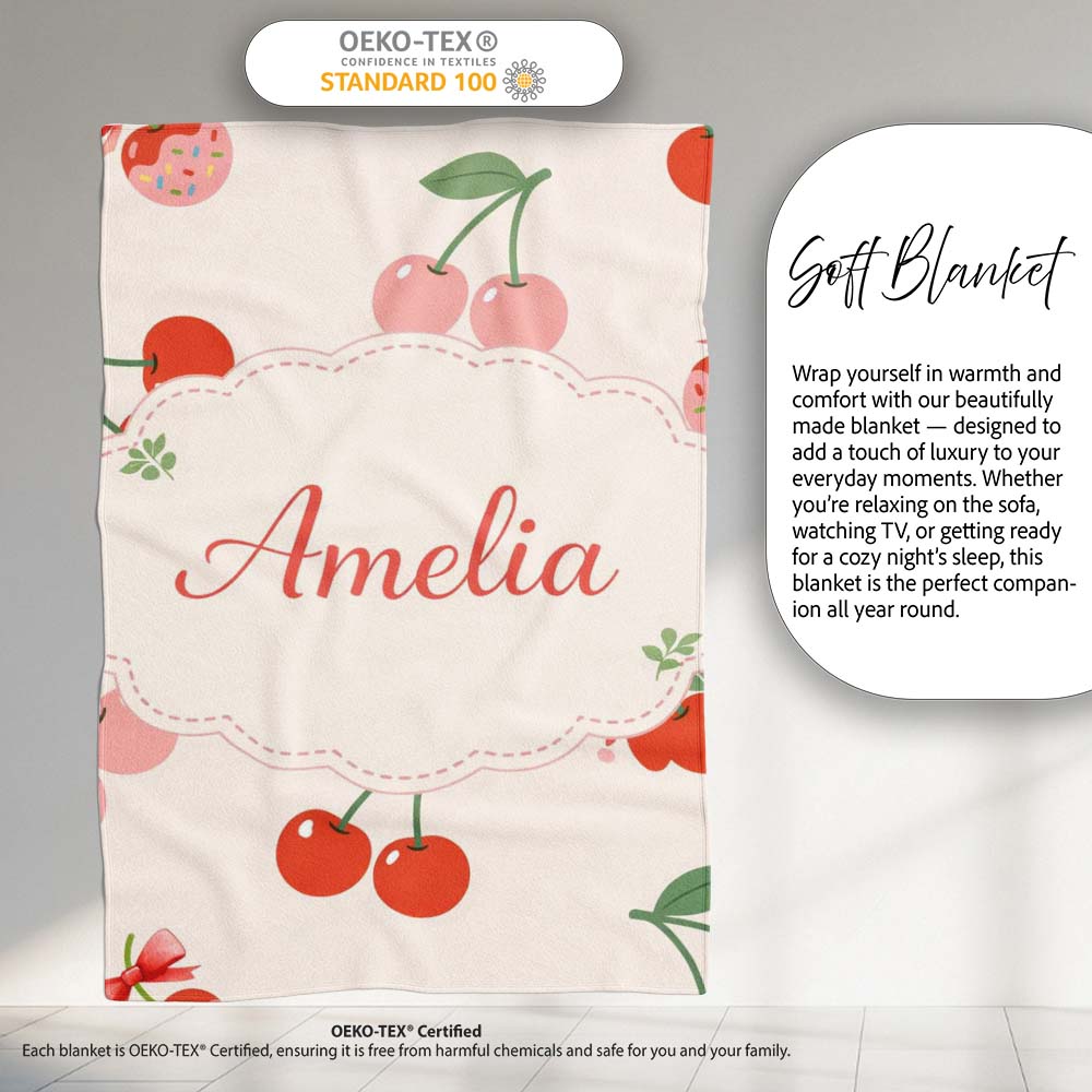 Cherry Fruit Light Lavender Background Minimal Seamless Pattern Personalised Custom Name Super Soft Fleece Blanket Bed Sofa Throw