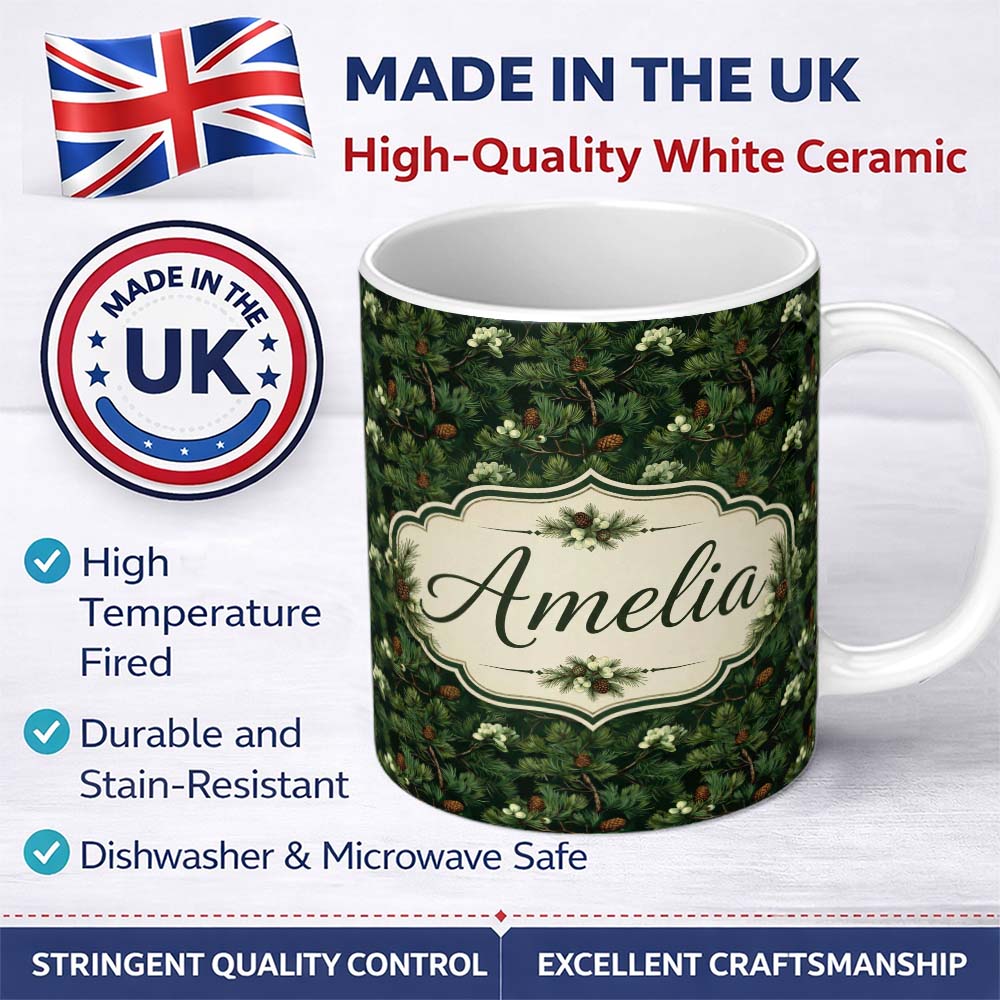 Personalized Custom Name Dark Green Pine Branches Cones Botanical Seamless Pattern Custom 11oz Ceramic Coffee Tea Mug White Large Handle
