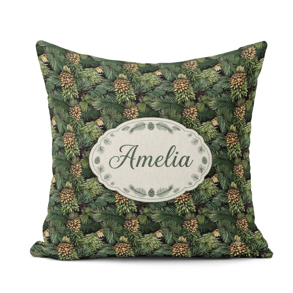 Custom Name Lush Pine Cone Foliage Dense Forest Seamless Pattern Square Filled Cushion Throw Pillow Sofa Bed Home Decor Zip Washable UK Made